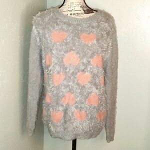 Maddison Candy Pink & Soft Gray Heart Sweater Warm Cozy SZ: Large